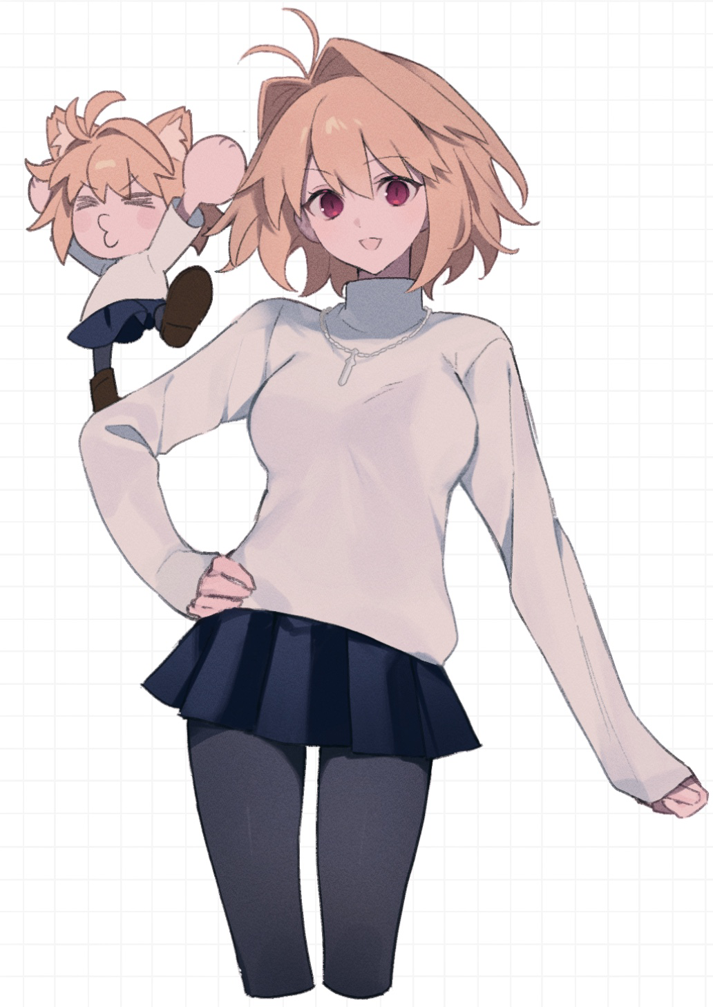 2girls =_= ahoge arcueid_brunestud black_pantyhose blonde_hair blue_skirt blush_stickers breasts closed_eyes cowboy_shot hair_intakes hand_on_own_hip highres jewelry medium_breasts miniskirt multiple_girls neco-arc neco_spirit o3o pantyhose pendant pleated_skirt red_eyes skirt sweater tsukihime tsukihime_(remake) turtleneck turtleneck_sweater uxco0 white_sweater