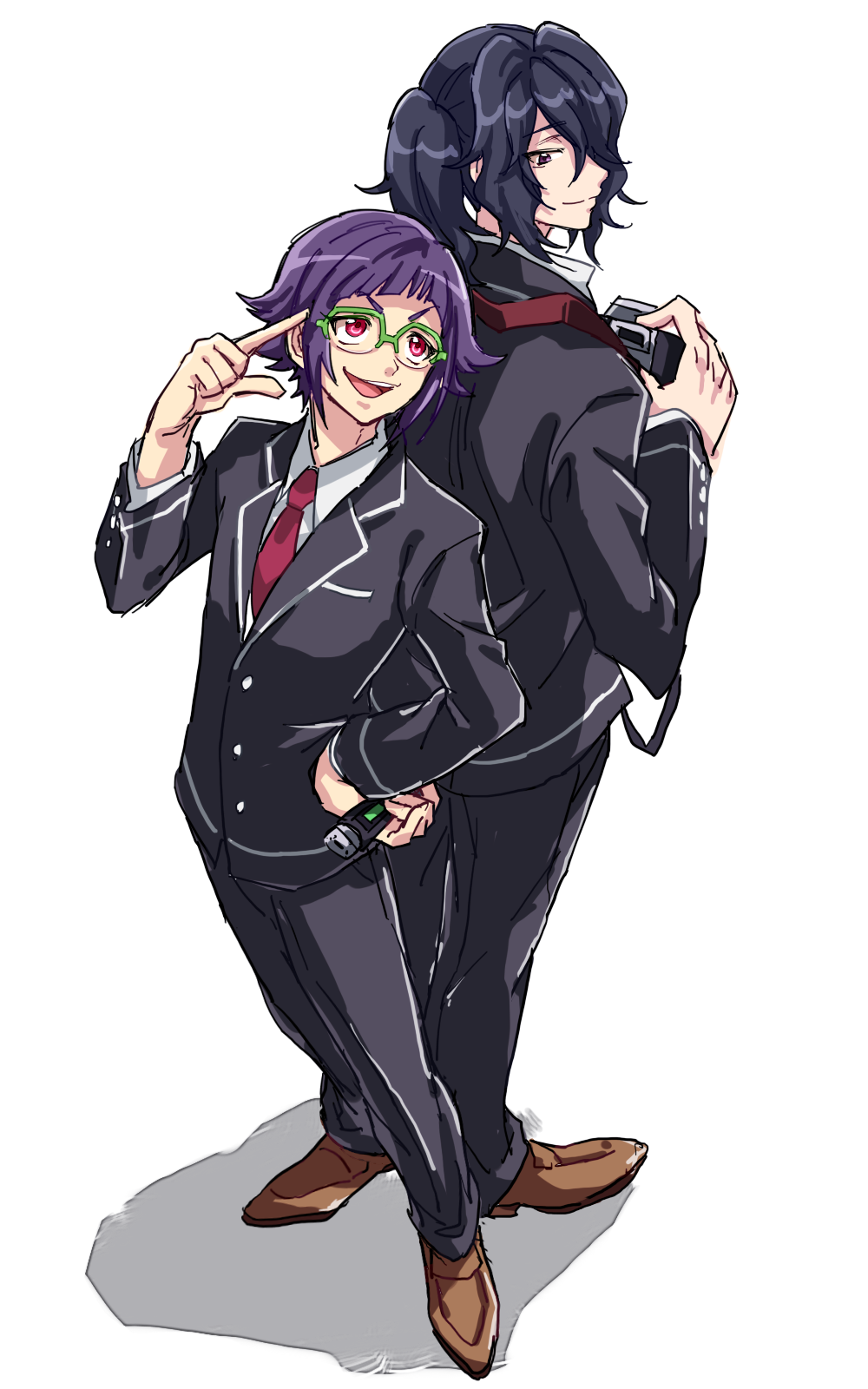 10s 2boys binan_koukou_chikyuu_bouei-bu_love! black_hair blush camera full_body glasses green-framed_eyewear height_difference highres kinosaki_kou long_hair male_focus multiple_boys necktie niji_(nijioki) open_mouth ponytail purple_eyes purple_hair red_eyes school_uniform simple_background smile tazawa_masuya white_background