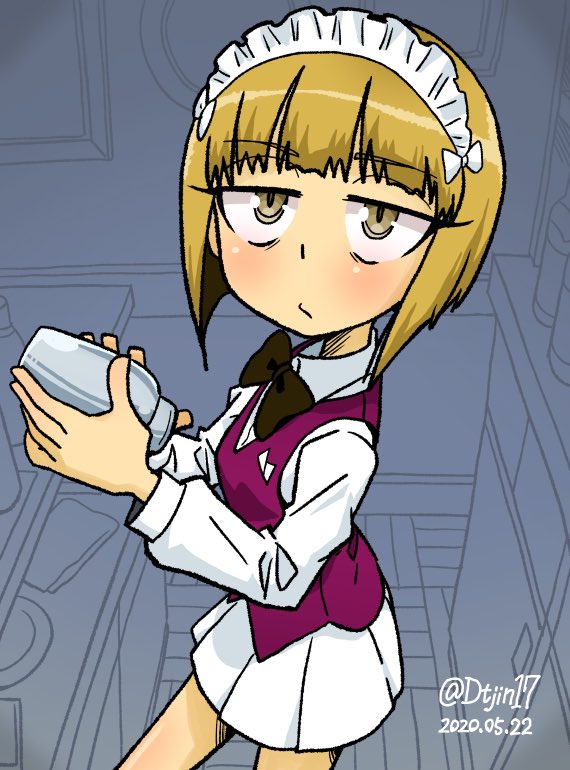 1girl bar_(place) bartender blonde_hair blunt_bangs bow bowtie closed_mouth cutlass_(girls_und_panzer) dress_shirt girls_und_panzer girls_und_panzer_saishuushou holding ichinana_(dametetujin17) long_sleeves looking_at_viewer maid_headdress one-hour_drawing_challenge pleated_skirt school_uniform shaker shirt short_hair skirt standing vest white_shirt wing_collar yellow_eyes