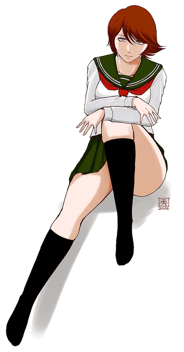 1990s_(style) 1girl bare_legs chiba_shuusaku convenient_censoring female_focus looking_at_viewer mitsume_ga_tooru school_uniform serafuku simple_background sitting solo wato_chiyoko white_background