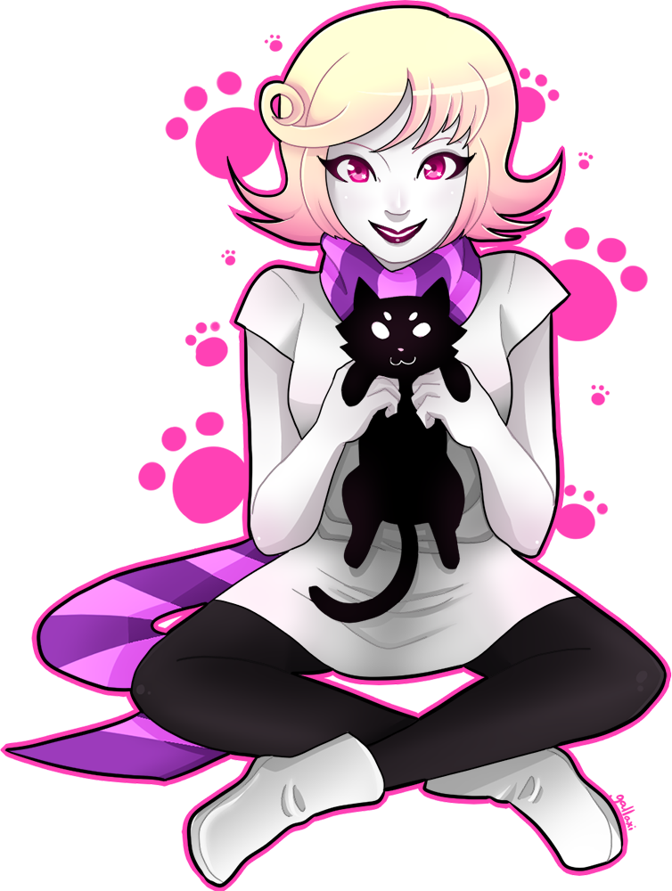 1girl animal black_thighhighs blonde_hair boots cat colored_skin crossed_legs gallaxi holding holding_animal holding_cat homestuck looking_at_viewer outline paw_print pink_eyes pink_outline pink_scarf purple_lips roxy_lalonde scarf shirt short_hair short_sleeves signature sitting solo striped_clothes striped_scarf thighhighs white_boots white_shirt white_skin