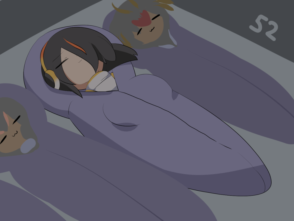 3girls :3 black_hair blonde_hair closed_eyes closed_mouth commentary_request emperor_penguin_(kemono_friends) full_body gentoo_penguin_(kemono_friends) grey_hair hair_between_eyes hair_over_one_eye headphones kemono_friends lets0020 long_bangs lying multicolored_hair multiple_girls numbered on_back orange_hair pink_hair rockhopper_penguin_(kemono_friends) short_hair sleeping sleeping_bag smile solo_focus streaked_hair