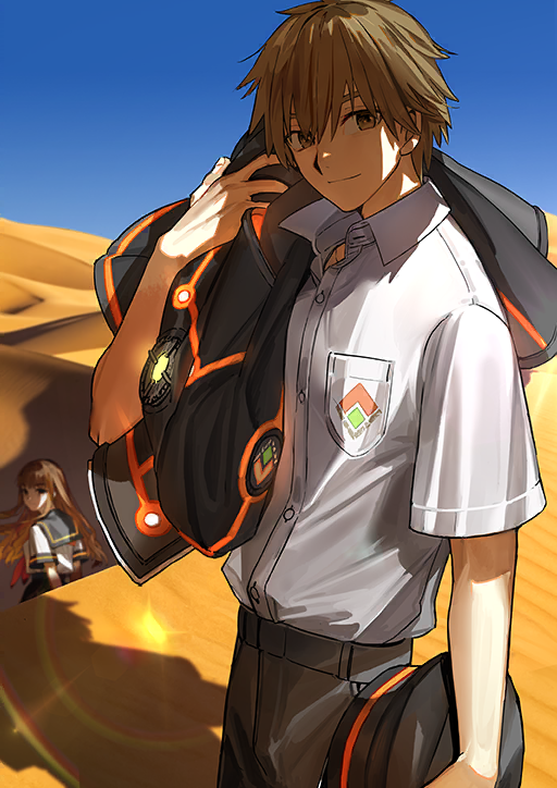 1boy 1girl arm_at_side black_hat black_jacket black_pants blue_sky breast_pocket brown_hair buttons closed_mouth cowboy_shot desert dual_persona fate/grand_order fate_(series) from_side game_cg hair_between_eyes hand_up hat holding holding_jacket holding_unworn_clothes holding_unworn_hat jacket kishinami_hakuno_(female) kishinami_hakuno_(female)_(mooncancer) kishinami_hakuno_(male) kishinami_hakuno_(male)_(mooncancer) lens_flare looking_at_viewer male_focus matching_outfits official_art on_shoulder pants partially_unbuttoned peaked_cap pocket sand shirt shirt_tucked_in short_hair short_sleeves sky smile solo_focus standing third-party_source unworn_hat unworn_headwear unworn_jacket variant_set wada_arco white_shirt wing_collar