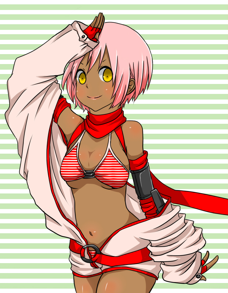 1girl bikini bikini_under_clothes blush breasts closed_mouth commentary_request cowboy_shot dark-skinned_female dark_skin elbow_gloves fingerless_gloves gloves green_background jumpsuit jumpsuit_around_waist large_breasts looking_at_viewer mechanic_(ragnarok_online) meiko_(nattu303) pink_hair ragnarok_online red_bikini red_gloves red_scarf salute scarf short_hair smile solo striped_background striped_bikini striped_clothes swimsuit v-shaped_eyebrows white_bikini white_jumpsuit yellow_eyes