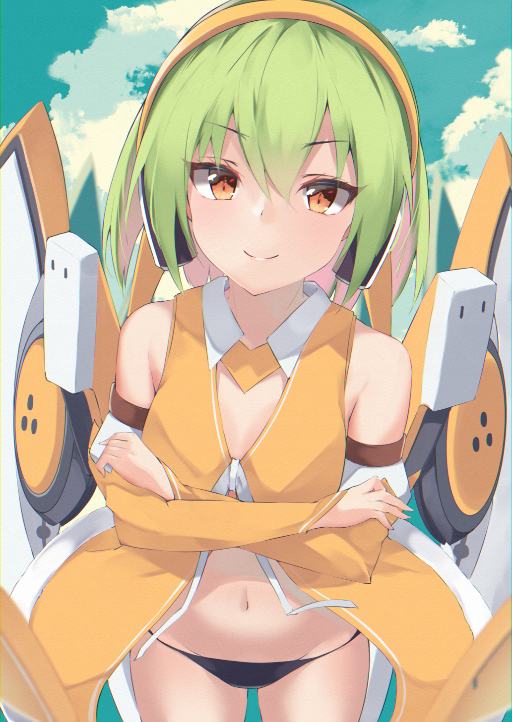 1girl bare_shoulders bikini bikini_bottom_only black_bikini center_opening chunithm cowboy_shot crossed_arms detached_sleeves dress green_hair groin hairband highres long_sleeves looking_at_viewer mechanical_wings mushpz navel orange_eyes revealing_clothes short_hair sky_feather_(chunithm) sleeveless sleeveless_dress smile solo standing stomach string_bikini swimsuit thighs v-shaped_eyebrows wings yellow_dress