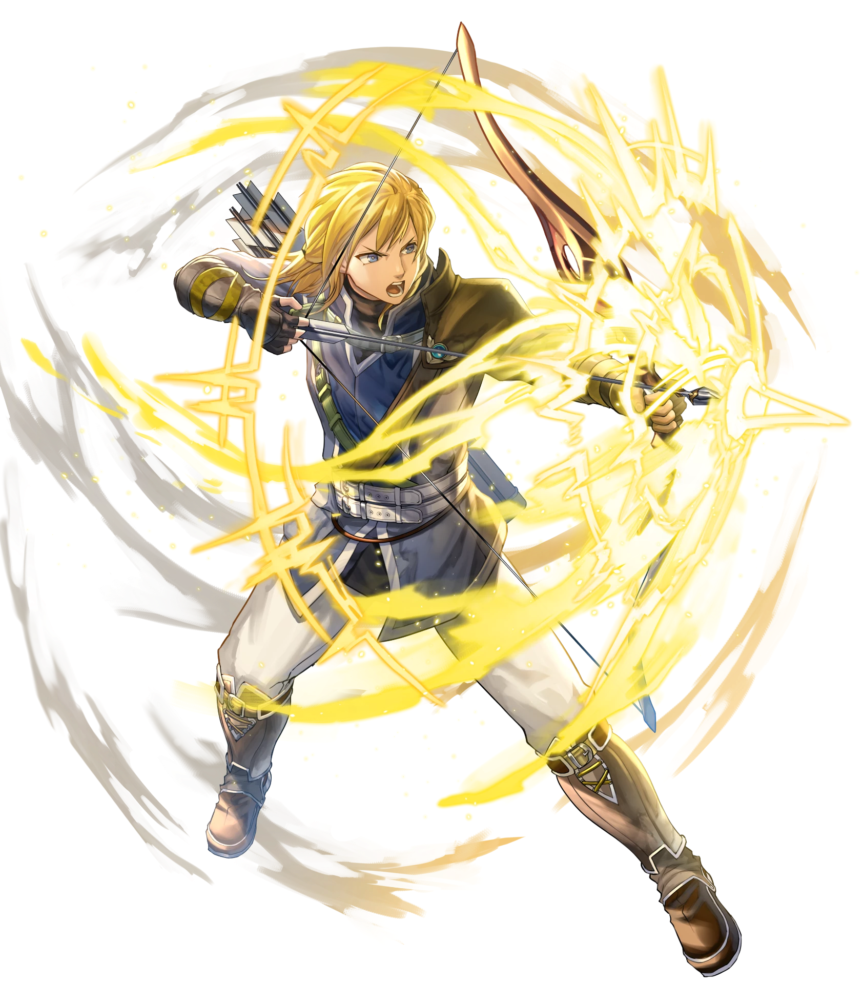 1boy aiming attack black_gloves blonde_hair blue_eyes bow_(weapon) drawing_bow fingerless_gloves fire_emblem fire_emblem:_radiant_dawn fire_emblem_heroes gloves highres holding holding_bow_(weapon) holding_weapon leonardo_(fire_emblem) light male_focus medium_hair nintendo non-web_source official_art open_mouth quiver solo teeth v-shaped_eyebrows weapon