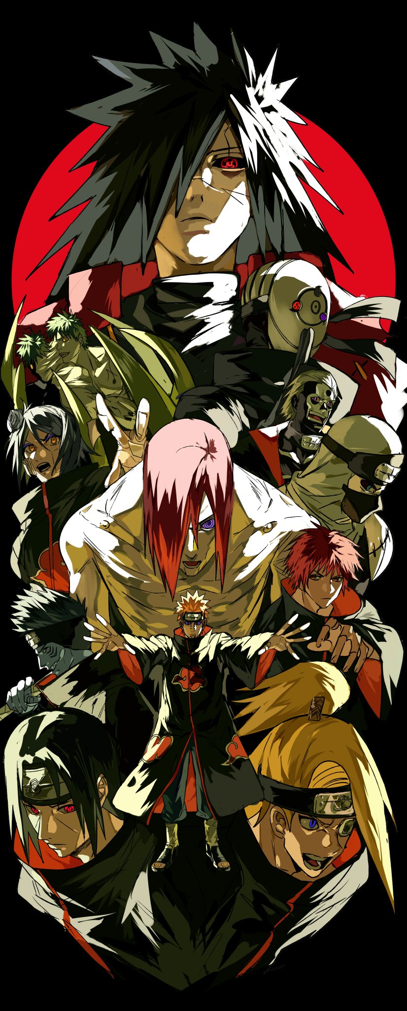 1girl 6+boys black_background black_hair black_sclera blonde_hair colored_sclera deidara_(naruto) eyepatch hidan_(naruto) highres hoshigaki_kisame kakuzu_(naruto) konan_(naruto) mask masked_madara multiple_boys nagato_(naruto) naruto_(series) naruto_shippuuden outstretched_arms pain_(naruto) red_eyes ringed_eyes sasori_(naruto) uchiha_itachi uchiha_madara uchiha_obito xi_luo_an_ya zetsu_(naruto)