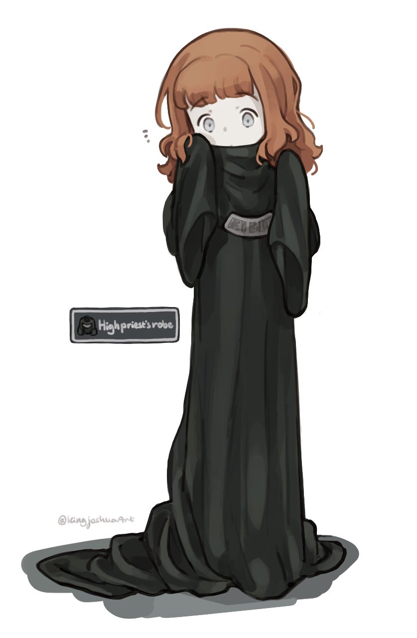 1girl barefoot black_robe blunt_bangs child commentary cosplay dot_nose enki_(fear_&amp;_hunger) enki_(fear_&amp;_hunger)_(cosplay) fear_&amp;_hunger_(series) fear_&amp;_hunger_1 full_body gameplay_mechanics grey_eyes highres kingjoshua medium_hair orange_hair oversized_clothes robe sleeves_past_fingers sleeves_past_wrists solo standing the_girl_(fear_&amp;_hunger) twitter_username white_background
