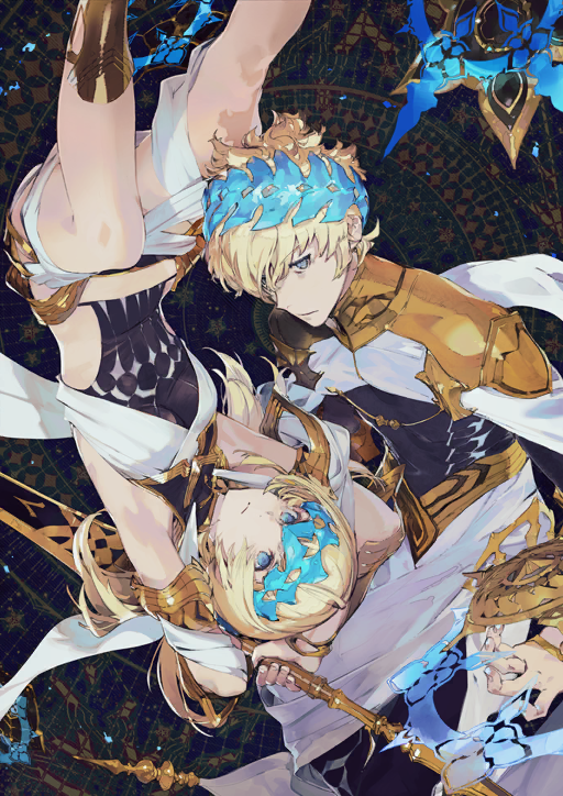 1boy 1girl alpha_castor ancient_greek_clothes arm_armor armor armpits arms_up beta_pollux black_leggings black_panties black_shirt blonde_hair blue_eyes breasts brother_and_sister cape castor_(fate) closed_mouth clothing_cutout expressionless fate/grand_order fate_(series) feet_out_of_frame floating floating_object floating_weapon game_cg gold_armlet gold_armor gold_belt gold_sandals greco-roman_clothes halterneck holding holding_behind_back holding_sword holding_weapon holding_weapon_behind_back laurel_crown leggings long_hair midriff_peek official_art panties pollux_(fate) rotational_symmetry sandals shawl shield shirt short_hair siblings side_cutout sidelocks skirt small_breasts sword taiki_(luster) third-party_source turtleneck twins underwear upside-down weapon white_cape white_shawl white_skirt