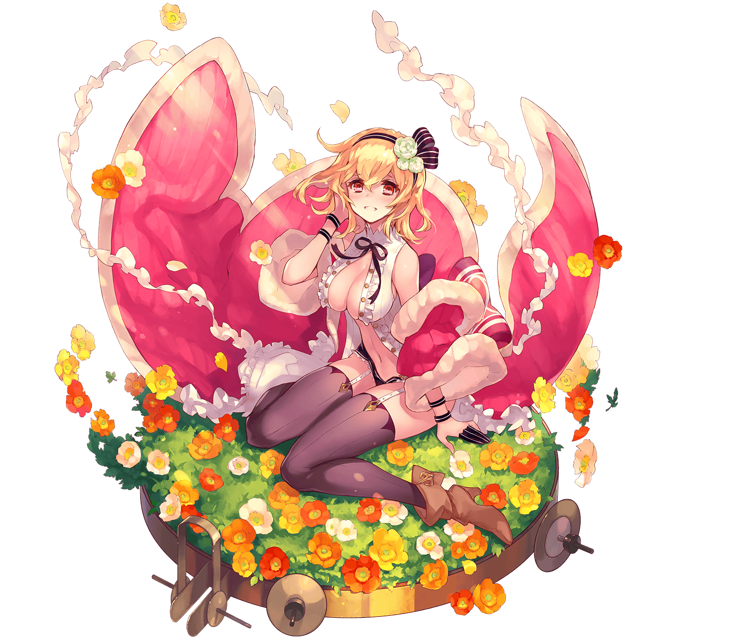 1girl ancient_killers_(phantom_of_the_kill) blonde_hair boots breasts brown_boots da-kuro eros_(phantom_of_the_kill) field flower flower_field full_body hair_flower hair_ornament highres looking_at_viewer midriff on_floor phantom_of_the_kill red_eyes shoes sitting solo