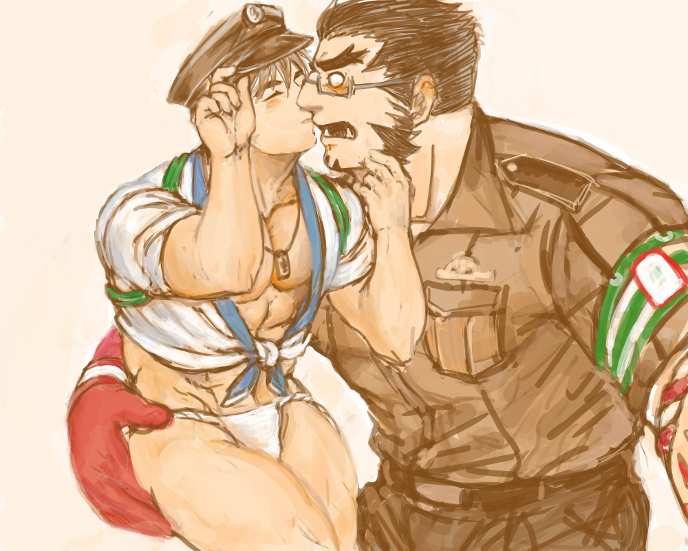 2boys 392mondo bara blush borrowed_accessory bulge colored_skin couple face-to-face facial_hair forked_eyebrows from_side fundoshi glasses goatee gradient_skin hachimaki hand_on_another&#039;s_cheek hand_on_another&#039;s_face happi happy headband japanese_clothes kiss large_hands large_pectorals long_sideburns male_focus mature_male multiple_boys muscular muscular_male muted_color mutton_chops nejiri_hachimaki o_o pectoral_cleavage pectorals police police_uniform policeman profile protagonist_4_(housamo) red_skin short_hair sideburns standing surprise_kiss surprised tajikarao_(housamo) thick_eyebrows thighs tokyo_houkago_summoners toned toned_male tusks yaoi