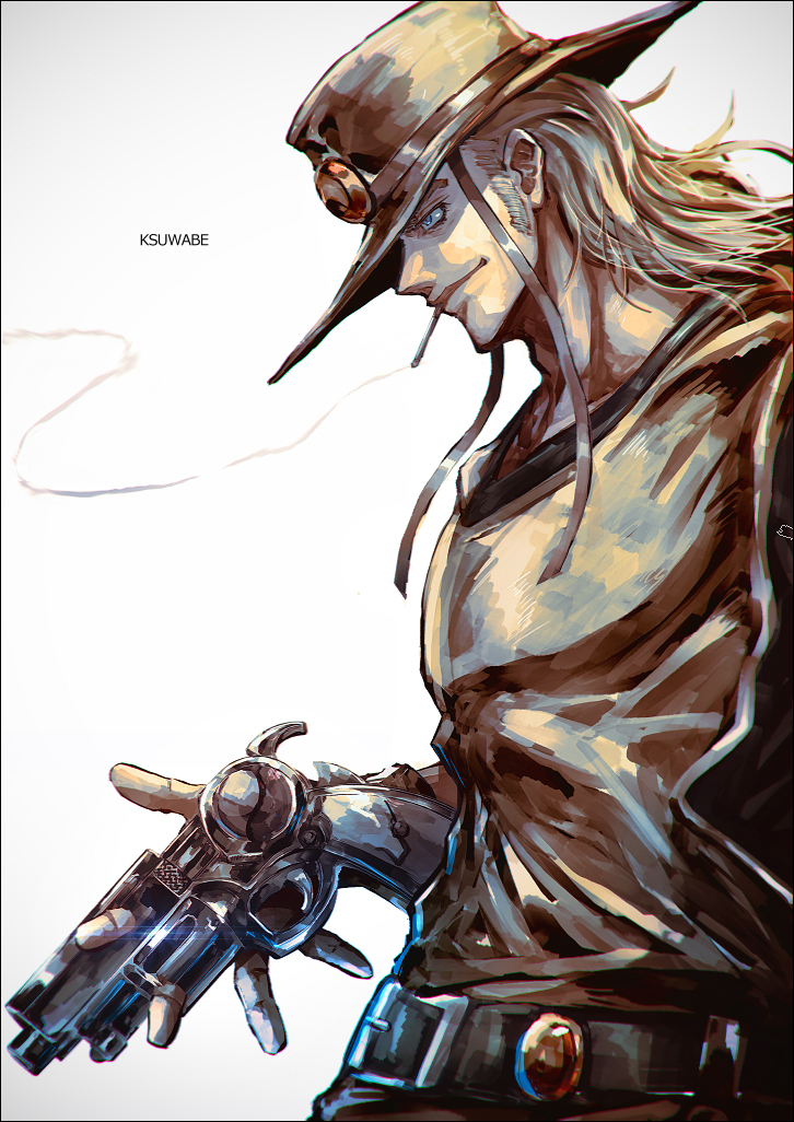 1boy artist_name belt blonde_hair closed_mouth cowboy_hat crazy_diamond_no_akuryouteki_shitsuren facial_hair goatee gun handgun hat hol_horse holding holding_gun holding_weapon jojo_no_kimyou_na_bouken k-suwabe male_focus pistol simple_background smoking solo upper_body weapon white_background