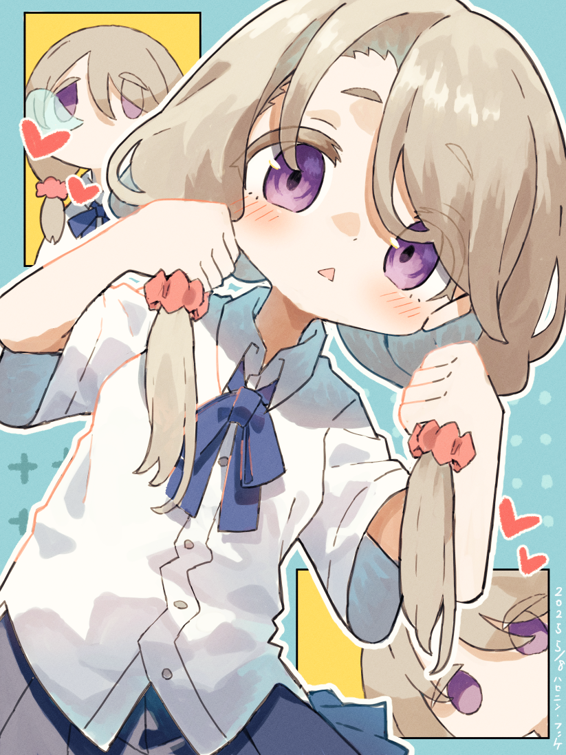 1girl artist_name blue_ribbon blue_skirt blush buttons collared_shirt commentary dated dress_shirt expressionless eyes_visible_through_hair grey_hair hair_ornament hair_over_eyes hair_scrunchie hands_up haronin_fukke heart holding holding_own_hair long_hair looking_at_viewer low_twintails mono_(afro) multiple_views neck_ribbon nose_bubble pleated_skirt purple_eyes red_scrunchie ribbon school_uniform scrunchie shikishima_sakurako shirt short_sleeves skirt summer_uniform swept_bangs triangle_mouth twintails upper_body white_shirt