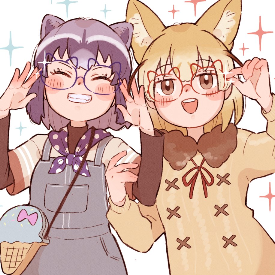 0nanaten 2girls :d ^_^ adjusting_eyewear alternate_costume animal-themed_eyewear animal_ear_fluff animal_ears bag bespectacled blonde_hair blue-framed_eyewear blush_stickers brown_eyes brown_hair closed_eyes commentary common_raccoon_(kemono_friends) extra_ears facing_viewer fang fennec_(kemono_friends) fox_ears fox_girl glasses grey_hair grin kemono_friends layered_sleeves long_sleeves looking_at_viewer multicolored_hair multiple_girls open_mouth overalls raccoon_ears raccoon_girl red-framed_eyewear short_hair short_over_long_sleeves short_sleeves shoulder_bag simple_background smile sparkle sparkle_background teeth upper_teeth_only white_background