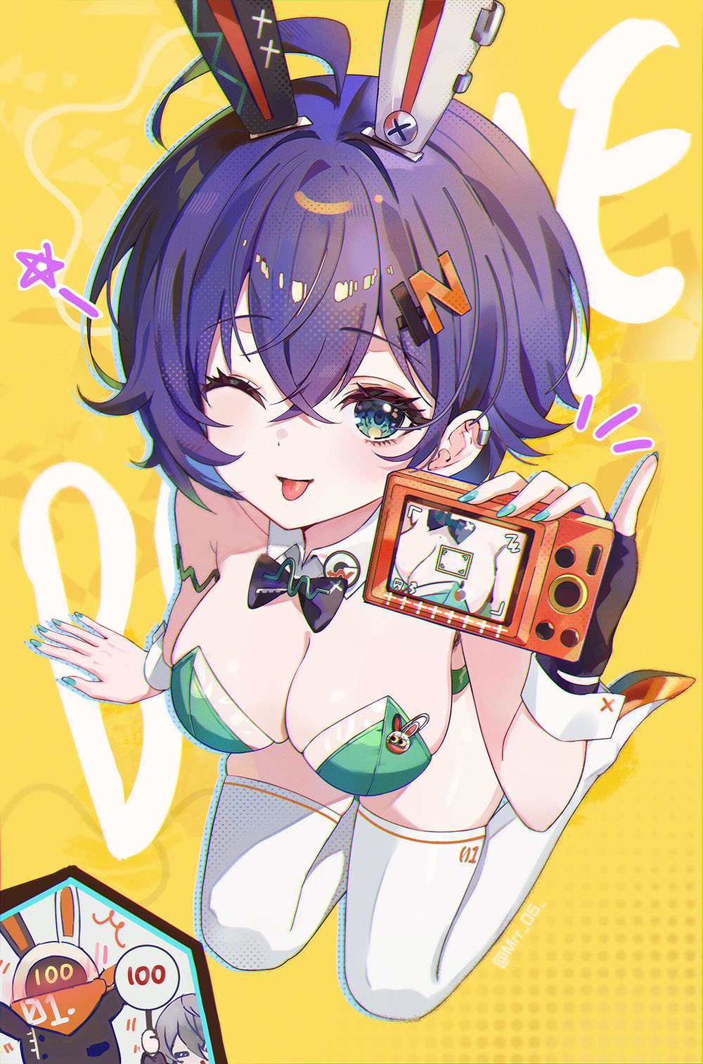 1boy 1girl :p animal_ears belle_(zenless_zone_zero) blue_hair blush breasts cleavage crossed_bangs eous_(zenless_zone_zero) fake_animal_ears fingernails full_body green_eyes hair_ornament hairclip highres large_breasts leotard looking_at_viewer mrr_05 nail_polish one_eye_closed rabbit_ears smile solo_focus tongue tongue_out wise_(zenless_zone_zero) zenless_zone_zero