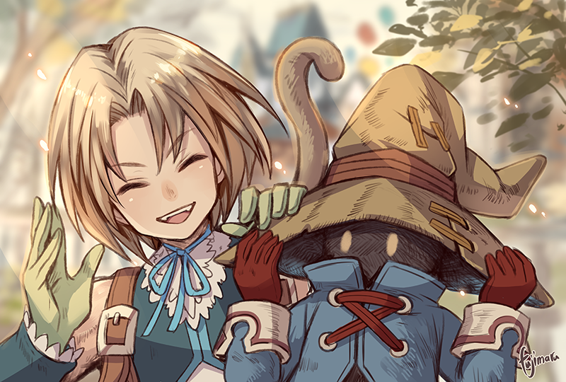 2boys adjusting_clothes adjusting_hat black_mage_(final_fantasy) blonde_hair blue_coat blue_vest closed_eyes coat final_fantasy final_fantasy_ix frilled_shirt_collar frills fujimaru_(green_sparrow) gloves green_gloves hat monkey_tail multiple_boys open_mouth parted_bangs red_gloves smile square_enix suspenders tail teeth upper_teeth_only vest vivi_ornitier wizard_hat yellow_eyes zidane_tribal