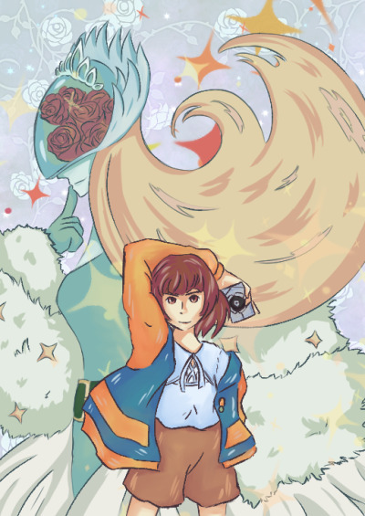 2girls brown_hair cendrillmon digimon digimon_(creature) flower kinosaki_arisa long_hair multiple_girls rose