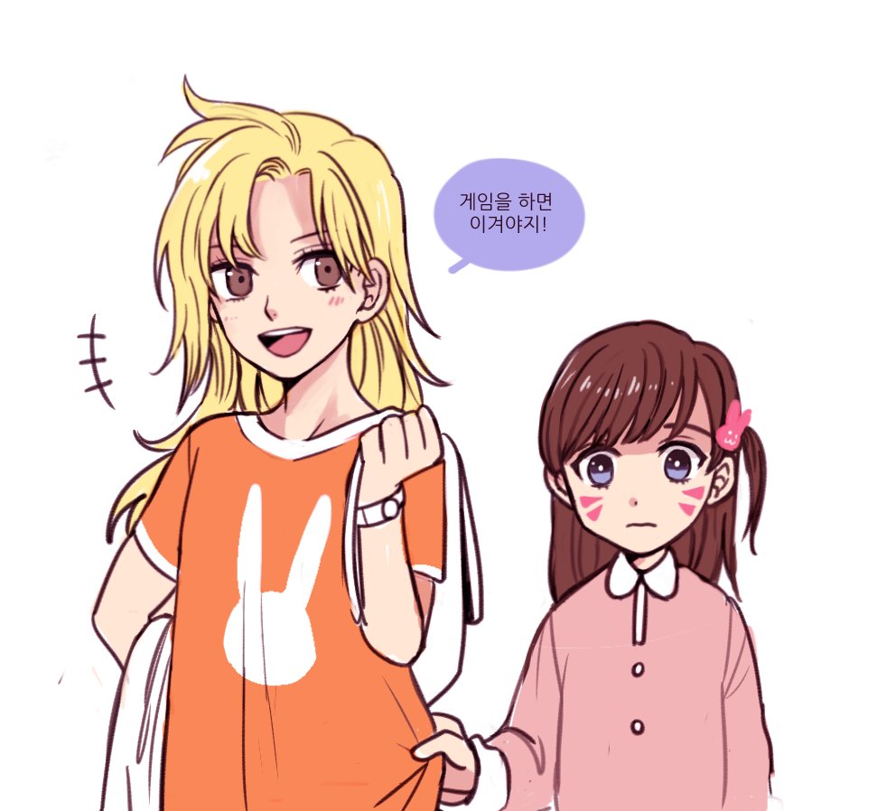 +++ 2girls aged_down alternate_eye_color alternate_hairstyle animal_print bad_id bad_twitter_id blonde_hair blue_eyes blush bosong_beoseot brown_eyes brown_hair buttons child closed_eyes d.va_(overwatch) facepaint facial_mark hair_down hair_ornament hairclip holding holding_shirt holding_unworn_clothes korean_text long_hair long_sleeves mercy_(overwatch) multiple_girls open_mouth overwatch overwatch_1 purple_eyes rabbit_hair_ornament rabbit_print shirt short_sleeves simple_background smile teeth translation_request unworn_shirt upper_body whisker_markings white_background