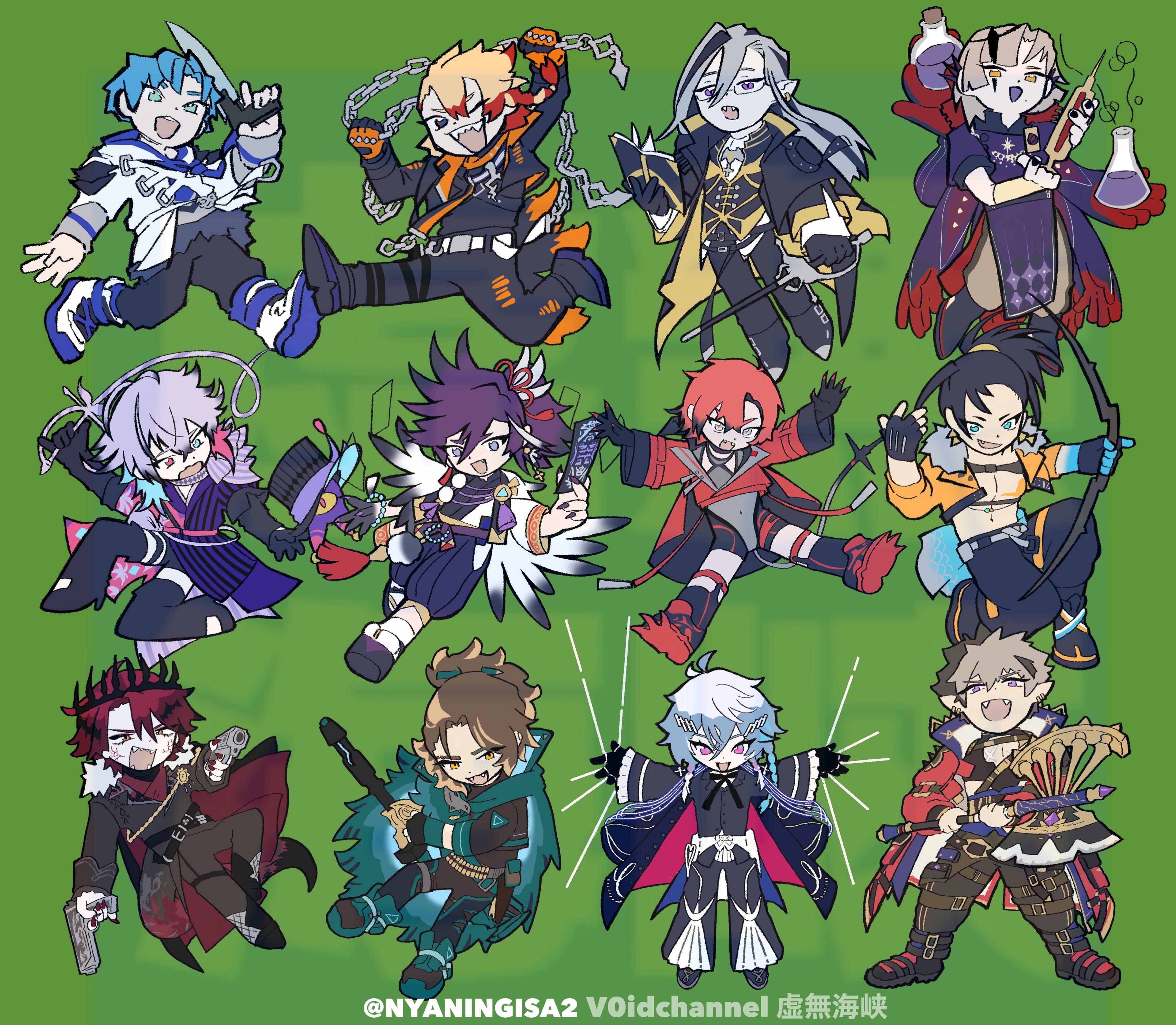 6+boys absurdres axe axel_syrios_(1st_costume) banzoin_hakka banzoin_hakka_(1st_costume) battle_axe black_gloves black_hair black_jacket black_nails black_pants blonde_hair blue_eyes blue_hair book bow_(weapon) braid brown_hair cape chain chibi coat collar crimzon_ruze crown earrings fangs feather_earrings feather_hair_ornament feathers fingernails frilled_sleeves frills fur-trimmed_jacket fur_trim gavis_bettel gavis_bettel_(1st_costume) glasses gloves goldbullet green_background green_cape green_eyes grey_hair gun hair_ornament hairpin hakama heterochromia highres holding holding_axe holostars holostars_english hood hoodie jacket japanese_clothes jewelry josuiji_shinri jurard_t_rexford layered_sleeves long_sleeves looking_at_viewer machina_x_flayon machina_x_flayon_(1st_costume) magni_dezmond male_focus mechanical_tail mole mole_under_mouth multicolored_coat multicolored_hair multiple_boys multiple_braids noir_vesper noir_vesper_(old_design) nyaningisa octavio open_mouth orange_collar pants phantom_(gavis_bettel) pink_eyes pink_hair pointy_ears ponytail purple_cape purple_eyes purple_hair purple_hakama purple_tunic red_eyes red_hair red_jacket regis_altare scarf sharp_fingernails short_over_long_sleeves short_sleeves smile spiked_ear_piercing streaked_hair string_around_finger tail tassel tassel_earrings tri_braids tunic twitter_username virtual_youtuber weapon whip white_hair white_hoodie white_scarf yellow_eyes