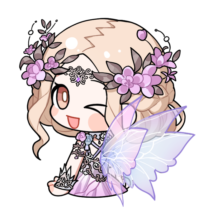 &gt;_o 1girl armlet artist_request blonde_hair blooming_dreams_(infinity_nikki) blue_flower blue_rose blush_stickers bracelet braid bright_pupils brown_eyes chibi circlet criss-cross_back-straps cropped_legs dress eyelashes fairy_wings flower from_behind gown hair_flower hair_ornament half_up_half_down_braid happy infinity_nikki jewelry looking_at_viewer looking_back medium_hair nikki_(series) official_art one_eye_closed open_mouth purple_dress purple_flower purple_rose purple_wings rose smile solo speech_bubble tareme transparent_background transparent_wings white_pupils white_wrist_cuffs wings wrist_cuffs
