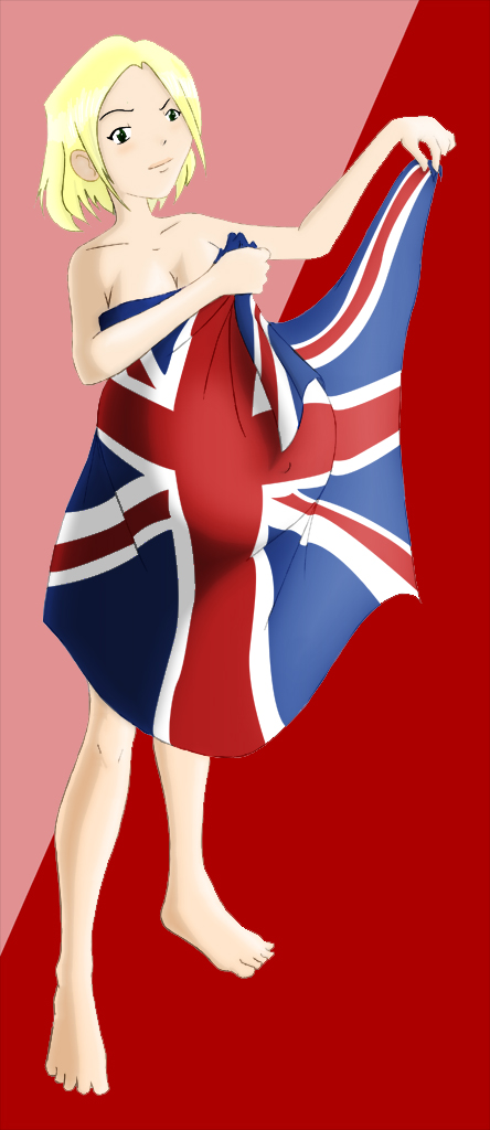 1girl bad_id barefoot blonde_hair borrowed_character flag_dress green_eyes lady_victoria_(miss_mars) original pregnant short_hair sivomaniacal solo union_jack united_kingdom