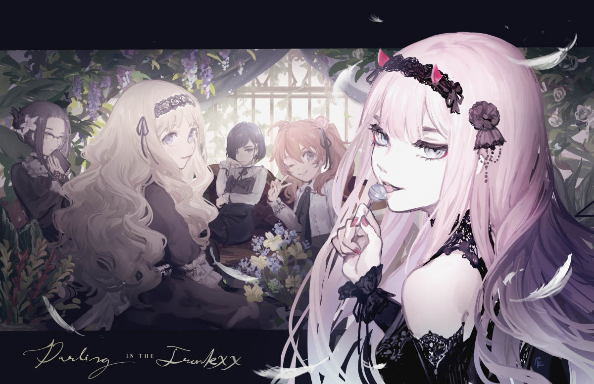 5girls bare_shoulders black_dress black_hair black_hairband black_ribbon blonde_hair blue_flower book brown_hair candy close-up closed_mouth copyright_name curly_hair darling_in_the_franxx day dress facing_viewer feathers flower food from_side fruit glasses grey_eyes hair_between_eyes hair_flower hair_ornament hair_ribbon hairband holding holding_book holding_candy holding_food holding_lollipop horns ichigo_(darling_in_the_franxx) ikuno_(darling_in_the_franxx) indoors k_(sktchblg) kokoro_(darling_in_the_franxx) light lips lollipop long_hair long_sleeves looking_at_viewer looking_back miku_(darling_in_the_franxx) multiple_girls nail_polish neck_ribbon neckwear_request one_eye_closed oni_horns open_mouth pink_hair pink_horns pink_nails plant puffy_long_sleeves puffy_sleeves ribbon short_hair sitting sleeveless smile strawberry twintails upper_body v white_flower window zero_two_(darling_in_the_franxx)