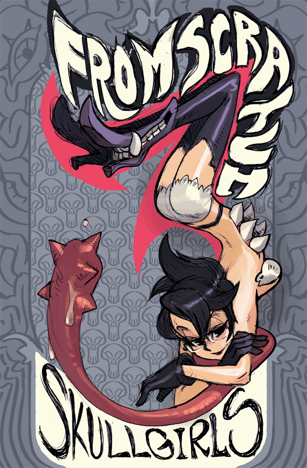 1girl alex_ahad black_eyes black_gloves black_hair black_thighhighs boots commentary cover cover_page extra_mouth female_focus folded_ponytail glasses gloves high_heel_boots high_heels legs_together light_smile long_tongue over-rim_eyewear semi-rimless_eyewear short_hair short_shorts shorts skullgirls solo teeth thigh_boots thighhighs tongue tongue_out upside-down venus_(skullgirls) very_long_tongue