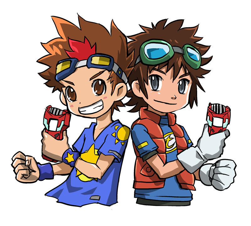 akashi_tagiru blue_shirt brown_hair digimon digimon_xros_loader digimon_xros_wars digimon_xros_wars:_toki_wo_kakeru_shounen_hunter-tachi gloves goggles goggles_on_head kudou_taiki red_vest shirt tagme vest white_gloves
