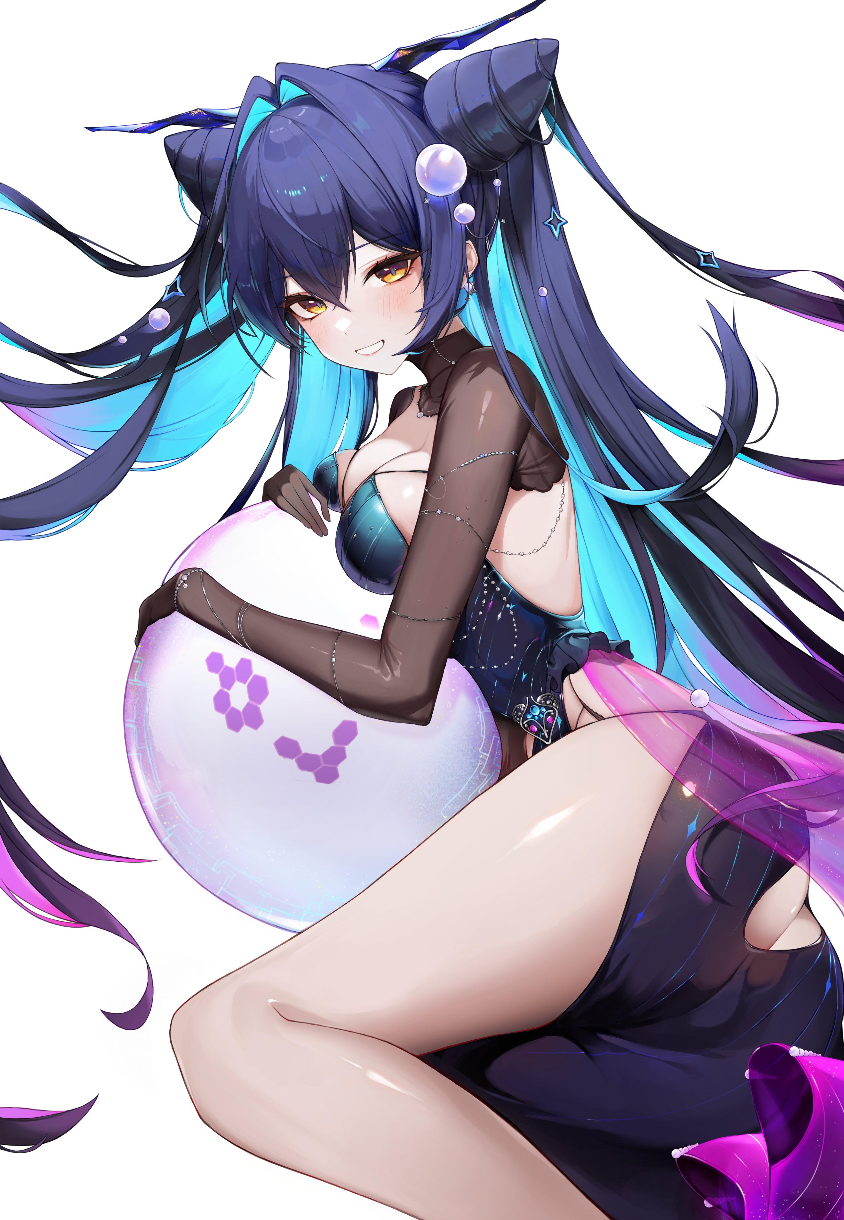 1girl absurdres aqua_hair blue_hair bubble colored_inner_hair goddess_of_victory:_nikke hair_intakes highres little_mermaid_(abyss_flower)_(nikke) little_mermaid_(nikke) multicolored_hair official_alternate_costume see-through_clothes simple_background smile solo sun_0205 white_background yellow_eyes