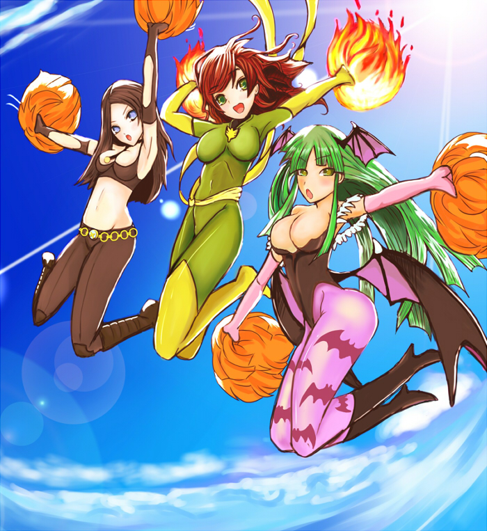 3girls animal_print animification arcana_heart arcana_heart_3 bad_id bad_pixiv_id bat_print capcom crossover examu jean_grey laura_kinney marvel marvel_vs._capcom marvel_vs._capcom_3 morrigan_aensland multiple_girls ori_tsuki pantyhose parody patterned_legwear phoenix_(x-men) pom_pom_(cheerleading) darkstalkers x-23 x-men
