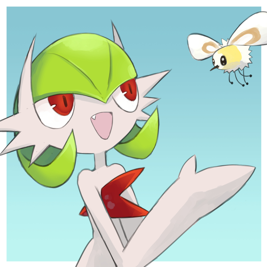 blue_background bob_cut bug colored_skin cutiefly dmt_(auburn) fang gardevoir gen_3_pokemon gen_7_pokemon green_hair insect_wings is_this_a_pigeon_(meme) mega_gardevoir mega_pokemon meme nintendo open_mouth pokemon pokemon_(creature) red_eyes simple_background white_skin wings
