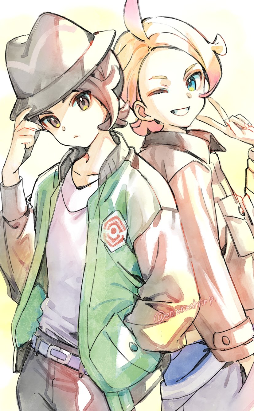 2boys adjusting_clothes adjusting_headwear ahoge blonde_hair blue_eyes brown_jacket grin hand_on_headwear hat highres jacket long_sleeves male_focus multiple_boys nintendo one_eye_closed open_clothes open_jacket paxton_(pokemon) pokemon pokemon_legends:_z-a shirt shuri_(84k) smile urbain_(pokemon) white_shirt