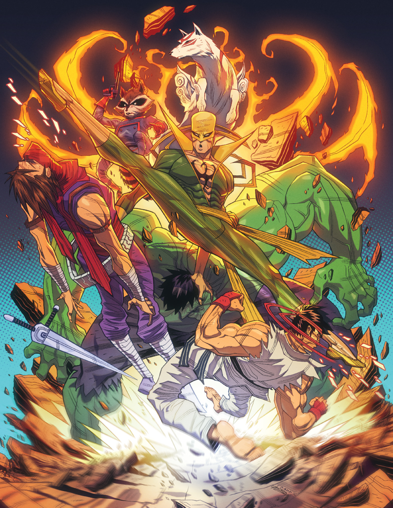 5boys amaterasu_(ookami) aura battle capcom colored_skin fire green_skin guardians_of_the_galaxy hulk kicking marvel marvel_cinematic_universe marvel_vs._capcom mask multiple_boys ookami_(game) rocket_raccoon ryu_(street_fighter) scarf street_fighter strider_(video_game) strider_hiryuu tradd_moore wolf