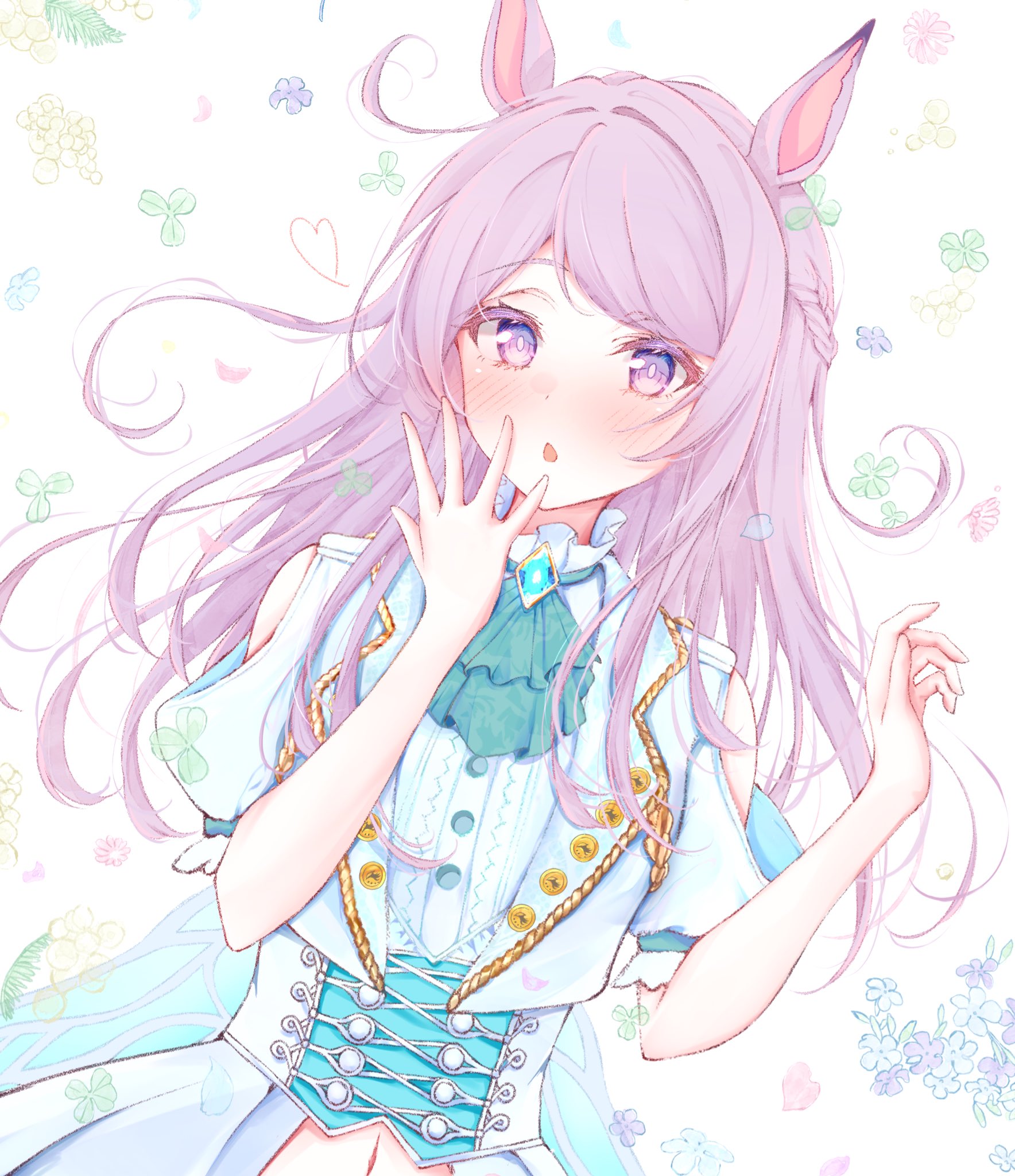 1girl animal_ears blush buttons chest_jewel dress gold_trim heart highres horse_ears horse_girl horse_tail joker_oowo light_purple_hair long_hair mejiro_mcqueen_(end_of_sky)_(umamusume) mejiro_mcqueen_(umamusume) navel open_mouth purple_eyes short_sleeves solo tail umamusume upper_body white_dress