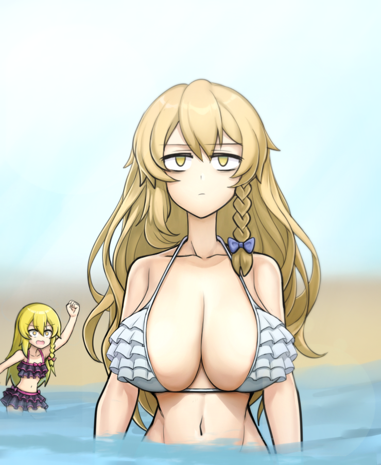 1boy 1girl bags_under_eyes bikini black_bikini blonde_hair blue_bow blurry blurry_background bow braid breasts cleavage closed_mouth commentary_request cookie_(touhou) crossdressing expressionless frilled_bikini frills genderswap genderswap_(ftm) hair_bow jigoku_no_soko_de_coffee_wo_nomu_neko kirisame_marisa large_breasts long_hair mars_(cookie) navel ocean outdoors rei_(cookie) side_braid single_braid solo_focus swimsuit touhou trap upper_body variant_set white_bikini yellow_eyes