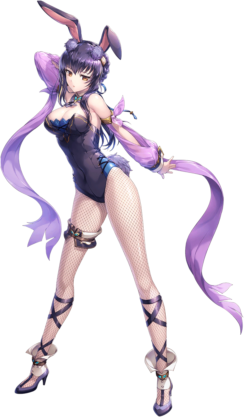1girl animal_costume animal_ear_hairband animal_ears artist_request bare_shoulders braid breasts cleavage fake_animal_ears fishnet_pantyhose fishnets full_body game_cg hair_over_shoulder hairband high_heels highres legs long_hair official_alternate_costume official_art orange_eyes pantyhose purple_hair purple_shoes rabbit_costume rabbit_tail scheele_(unitia) shoes solo source_request tail toe_cleavage transparent_background unitia
