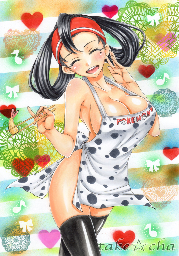 1girl apron artist_name black_hair black_thighhighs blush breasts chopsticks cleavage closed_eyes female_focus johto_mother large_breasts marker_(medium) mature_female mole mother_(pokemon) musical_note naked_apron nintendo open_mouth pokemon pokemon_gsc smile solo takecha thighhighs traditional_media