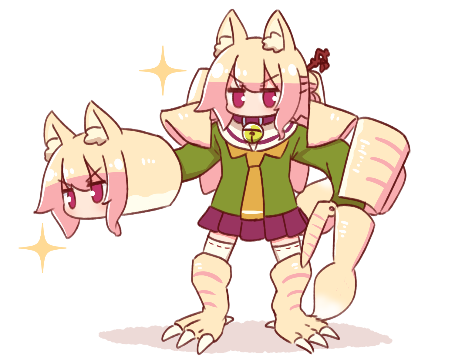 1girl animal_ear_fluff animal_ears beast_wars beast_wars:_transformers bell blonde_hair brown_collar brown_necktie collar cosplay fox_ears fox_girl fox_tail full_body green_shirt hair_ornament highres jingle_bell kemomimi-chan_(naga_u) long_sleeves looking_at_viewer megatron megatron_(beast_wars) megatron_(cosplay) naga_u neck_bell necktie original parody pleated_skirt purple_skirt red_eyes ribbon-trimmed_legwear ribbon_trim sailor_collar shadow shirt simple_background skirt solo sparkle standing tail thighhighs transformers v-shaped_eyebrows white_background white_sailor_collar white_thighhighs