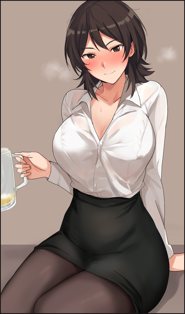 1girl alcohol amagami beer beer_mug black_pantyhose black_skirt breasts collared_shirt commentary_request cowboy_shot cup dress_shirt drunk grey_background highres large_breasts looking_at_viewer mobu mug pantyhose pencil_skirt shirt simple_background sitting skirt solo takahashi_maya white_shirt