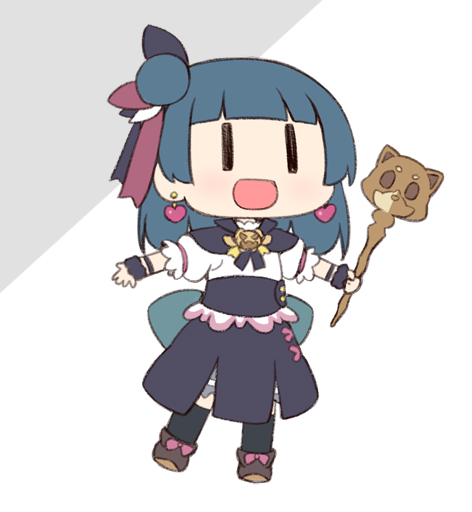 1girl :d black_capelet black_skirt black_thighhighs blue_hair blunt_bangs boots brown_boots capelet commentary deformed earrings genjitsu_no_yohane hair_bun heart heart_earrings holding holding_staff jewelry love_live! love_live!_sunshine!! miyako_hito open_mouth outstretched_arms puffy_short_sleeves puffy_sleeves shirt short_sleeves sidelocks simple_background single_side_bun skirt smile solo spread_arms staff thighhighs tsushima_yoshiko white_background white_shirt yohane_(genjitsu_no_yohane) |_|
