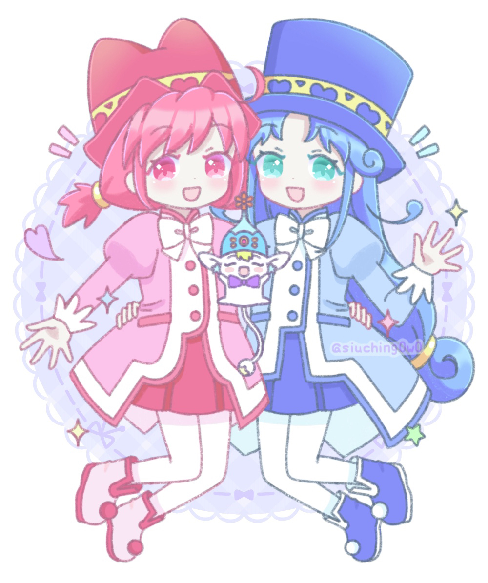 2girls :d ^_^ ahoge aqua_eyes blonde_hair blue_coat blue_footwear blue_hair blue_hat blue_skirt blush boots bow bowtie buttons closed_eyes coat commentary creature curly_hair dot_nose earrings fairy fine_(futagohime) four-pointed_star full_body fushigiboshi_no_futago_hime gem gold_trim hair_intakes hand_on_another&#039;s_hip hand_up hat heart instagram_username jewelry lace_background legs_up long_hair long_sleeves looking_at_viewer low-tied_long_hair low_twintails matching_outfits midair multiple_girls notice_lines open_hand open_mouth outstretched_arm overcoat pantyhose phrygian_cap pink_coat pleated_skirt pointy_ears pom_pom_(clothes) pom_pom_footwear puffy_long_sleeves puffy_sleeves pumo_(futagohime) purple_bow purple_bowtie red_eyes red_gemstone red_hair red_hat red_skirt rein_(futagohime) siblings sisters siuching skirt smile star_(symbol) star_earrings sun_hair_ornament tail top_hat twins twintails twitter_username waving white_background white_bow white_bowtie white_footwear white_pantyhose