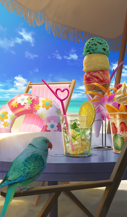animal animal_request beach beach_chair beach_umbrella bird blue_sky cherry cloud commentary condensation crazy_straw cup day dessert disposable_cup drink drinking_straw english_text fate/grand_order fate_(series) flower food food_focus food_request fruit garnish green_bird heart_straw horizon ice ice_cream ice_cream_cone ice_cube innertube kiwi_(fruit) kiwi_slice lasengle lemon lemon_slice mint mint_chocolate no_humans ocean official_art outdoors parfait pink_flower sand sky strawberry strawberry_slice sunlight swim_ring table third-party_source triple_scoop umbrella vanilla water whipped_cream