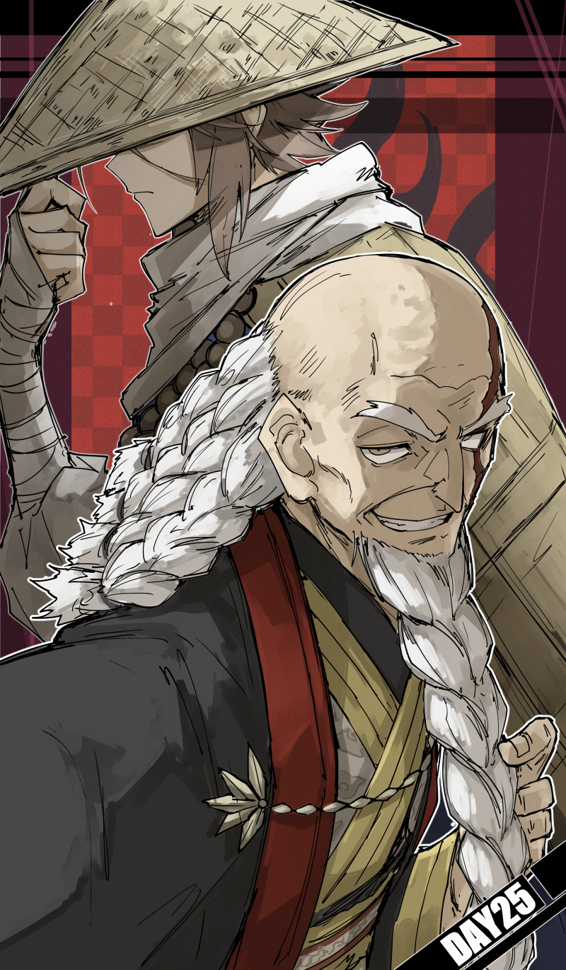 1boy 1girl balding bandaged_arm bandages bead_necklace beads beard braid braided_beard brown_hair checkered_background chinese_clothes closed_mouth evil_smile facial_hair facing_to_the_side fate/grand_order fate_(series) hat hat_over_eyes highres japanese_clothes jewelry kankan33333 long_beard multiple_braids necklace old old_man scar scar_across_eye scar_on_face scarf smile straw_hat sugitani_zenjubou_(fate) thick_eyebrows very_long_beard white_hair wrinkled_skin yellow_cloak yellow_eyes zhang_jue_(fate)