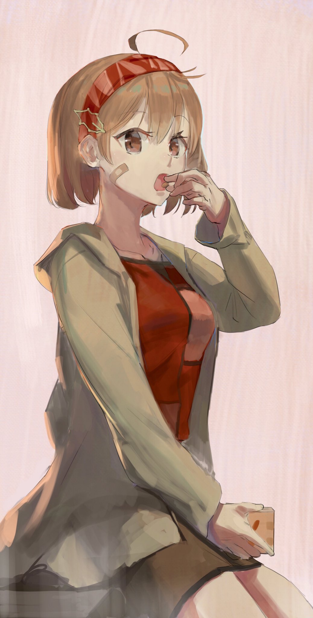 1girl ahoge alternate_costume bandaid bandaid_on_face beans brown_eyes brown_hair coat eating food green_coat green_skirt had_(had314) hair_between_eyes hair_ornament hairband highres holding holding_food kantai_collection long_hair long_sleeves masu oboro_(kancolle) oboro_(setsubun)_(kancolle) open_mouth pink_background red_hairband red_shirt shirt short_hair simple_background skirt solo