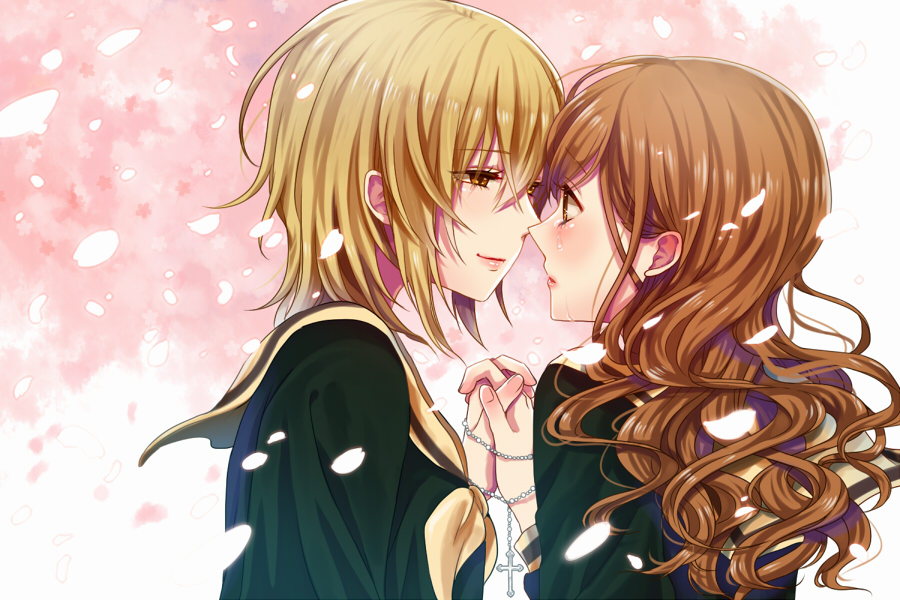 2girls ayaca blonde_hair brown_eyes brown_hair cherry_blossoms closed_mouth crying crying_with_eyes_open from_side hair_between_eyes holding_hands imminent_kiss interlocked_fingers jewelry light_smile long_hair maria-sama_ga_miteru multiple_girls necklace petals profile rosary satou_sei school_uniform serafuku short_hair tears toudou_shimako upper_body wavy_hair