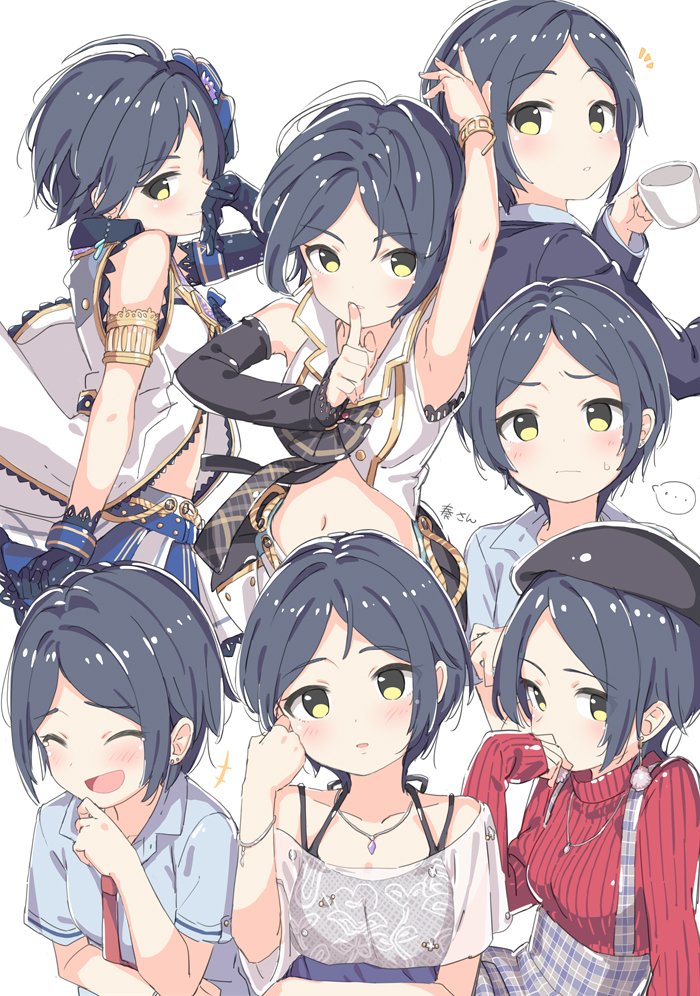 ... 1girl arm_up asymmetrical_gloves beret black_hat black_sleeves blue_gloves blue_hair blue_shirt blue_skirt bracelet collared_shirt crop_top cup detached_sleeves earrings elbow_gloves finger_to_mouth gloves green_eyes grey_skirt grin hand_on_own_face hat hayami_kanade holding holding_cup idolmaster idolmaster_cinderella_girls index_finger_raised jewelry kuresuku_(lessons) laughing midriff mug multiple_views navel necklace necktie parted_bangs plaid_clothes plaid_skirt pom_pom_(clothes) pom_pom_earrings red_necktie red_sweater shirt short_hair shushing single_detached_sleeve single_elbow_glove skirt smile speech_bubble spoken_ellipsis suspender_skirt suspenders sweater turtleneck turtleneck_sweater uneven_gloves white_background white_shirt