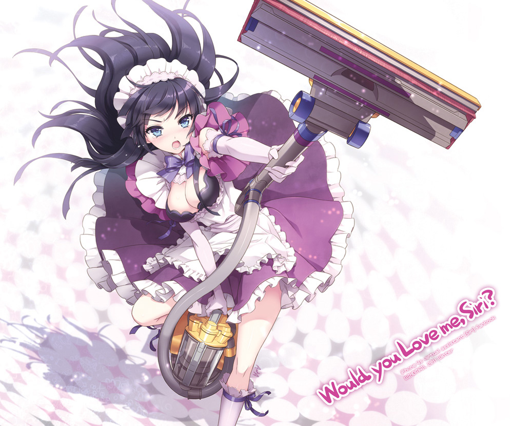 1girl an2a apple_inc. apron black_hair blue_eyes blush breasts cellphone cleavage cleavage_cutout clothing_cutout dress dyson_(company) elbow_gloves english_text female_focus frills gloves iphone kneehighs large_breasts leg_up long_hair looking_at_viewer maid maid_apron maid_headdress open_mouth personification phone pink_gloves pink_socks ribbon siri smartphone socks solo tears vacuum_cleaner white_socks