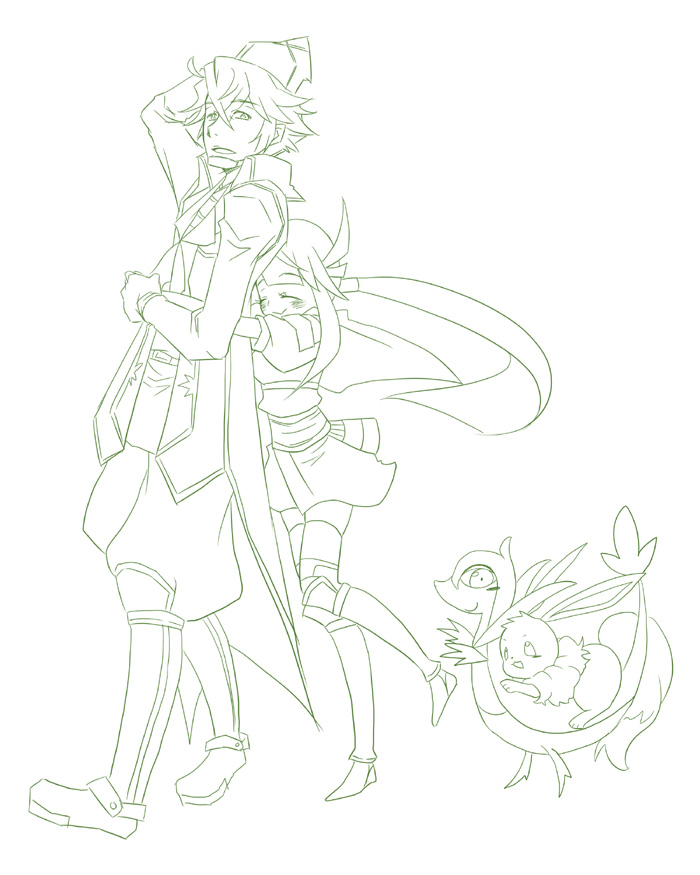 96_sawa arm_up armored_boots blunt_bangs blush boots cape closed_eyes coat eevee gen_1_pokemon gen_5_pokemon hair_between_eyes hakama hand_to_head hat headdress height_difference heroine_(pokemon_conquest) hug hug_from_behind japanese_clothes kimono long_bangs long_hair mouri_motonari_(sengoku_musou) nintendo obi pokemon pokemon_conquest ponytail sash sengoku_musou servine sketch smile thighhighs very_long_hair