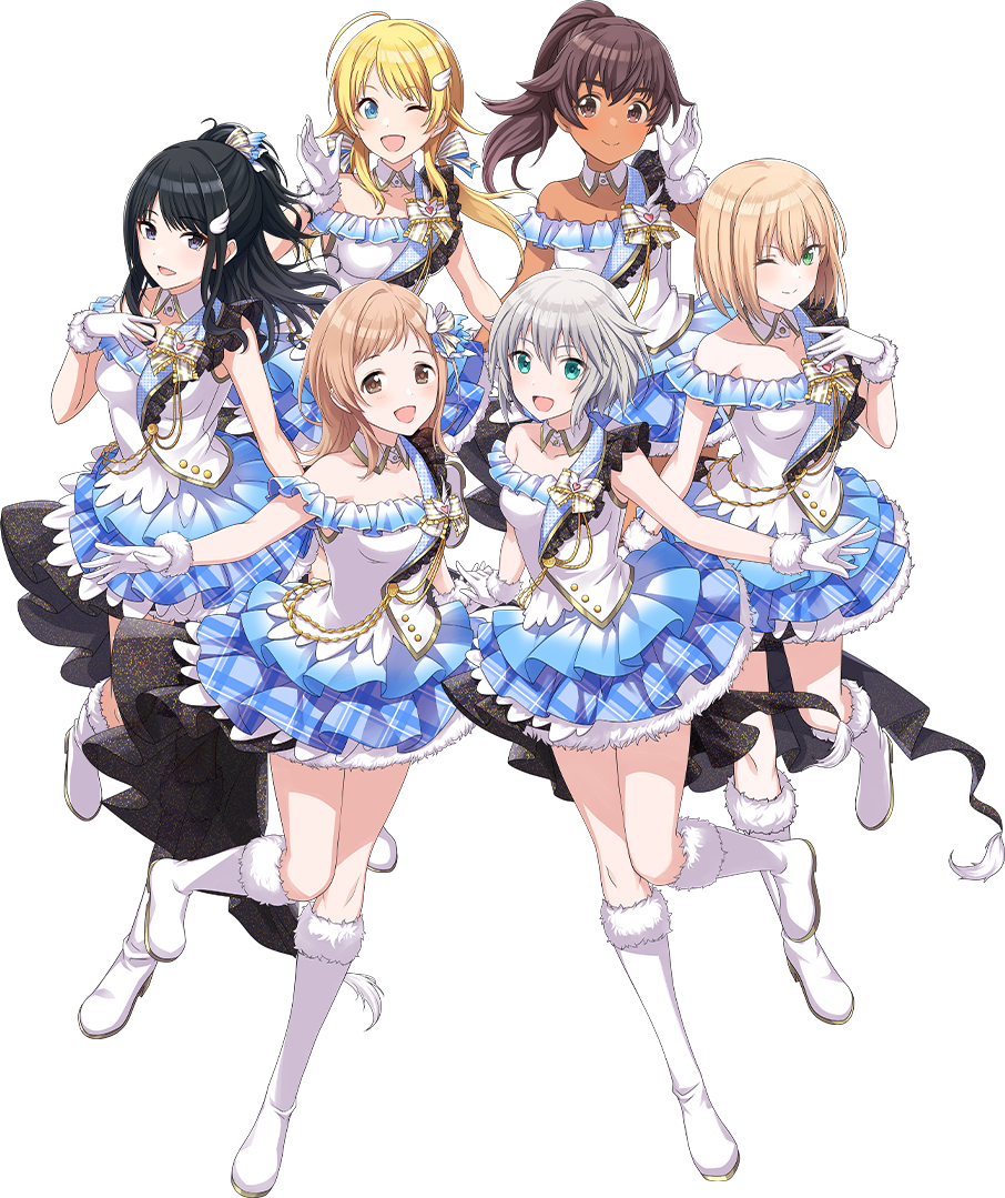 30_minutes_sisters 6+girls black_eyes black_hair blonde_hair blue_eyes blue_skirt boots brown_eyes brown_hair crossover dark_skin detached_collar gloves green_eyes hachimiya_meguru hair_ornament hairclip idol idolmaster idolmaster_shiny_colors kazano_hiori knee_boots light_brown_hair long_hair looking_at_viewer luluce_(30ms) miniskirt multiple_girls official_art one_eye_closed open_mouth ponytail rishetta_(30ms) sakuragi_mano shirt single_bare_shoulder skirt sleeveless sleeveless_shirt smile swept_bangs tiasha_(30ms) transparent_background white_footwear white_gloves