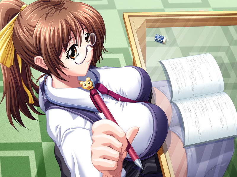 13cm 1girl anata_to_mita_sakura breasts brown_eyes brown_hair curvy desk female_focus game_cg glasses huge_breasts large_breasts long_hair morio_yuka pencil ponytail school_uniform sitting solo thighhighs white_thighhighs
